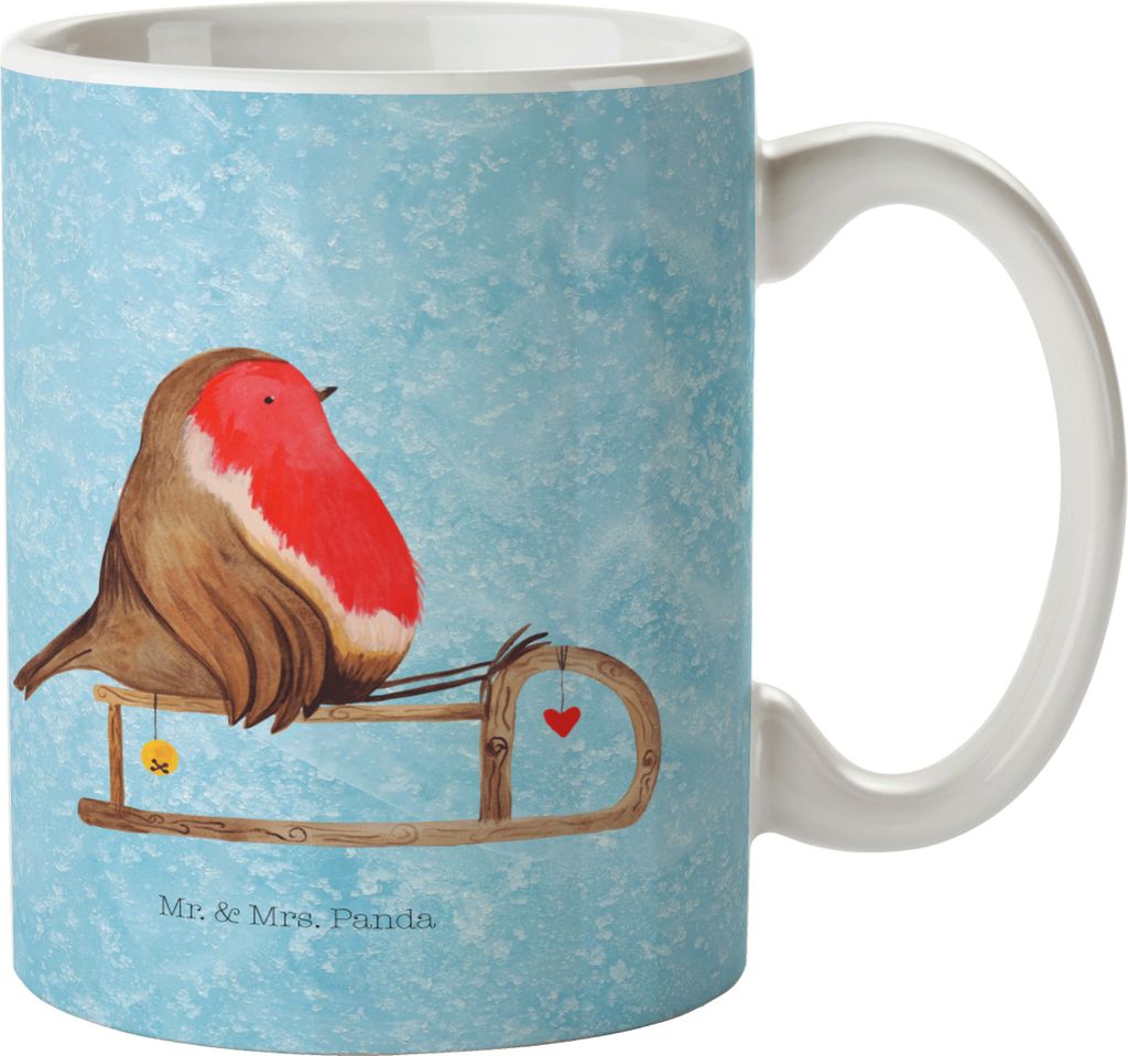 Mr. & Mrs. Panda Tasse Rotkehlchen Schlitten - Eisblau - Geschenk, Becher, Weihnachten, schöne, Kaffeebecher, Kaffeetasse, Pott, Vogel