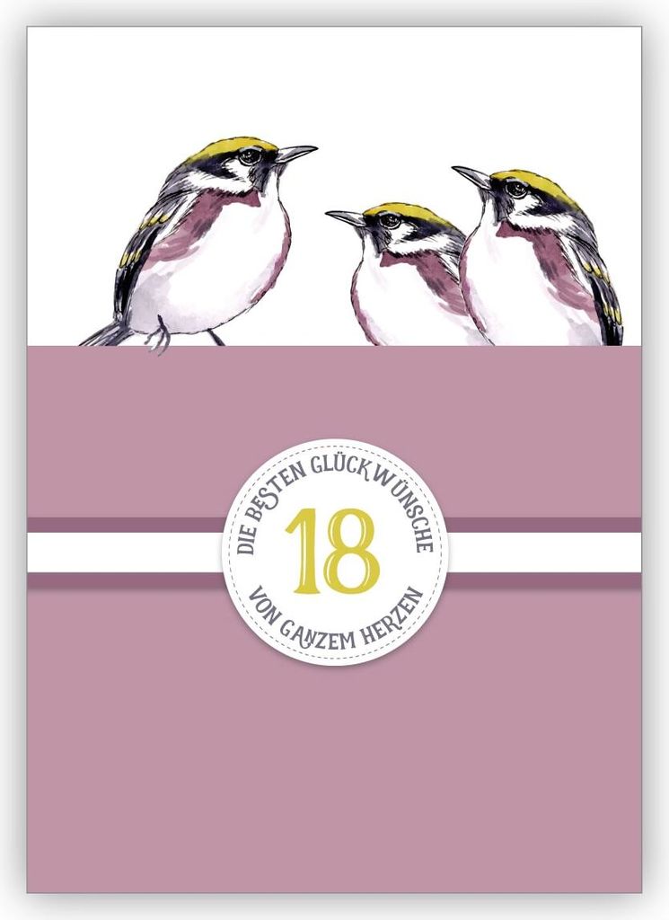 Tolle klassische Geburtstagskarte zum 18. Geburtstag oder zur Türkis Hochzeit, 18 Jahre Ehe Jubiläum mit Vögeln in lila: 18 Die besten Glückwü...