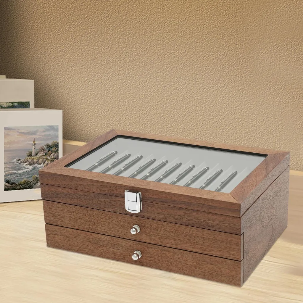 Scatola per matite - Contenitore ed espositore a 3 livelli - 34 scomparti - Coperchio in vetro - Fodera in velluto - 31×20×12,5 cm - colore noce - 7