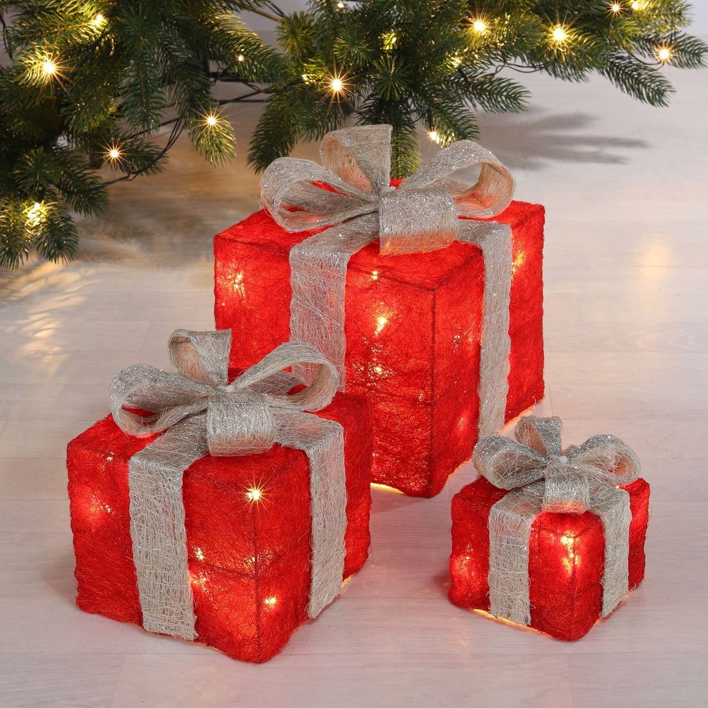 Haushalt International HHI Led Geschenkbox - 3 Stück - 3 Größen - Rot mit silbergrauer Schleife