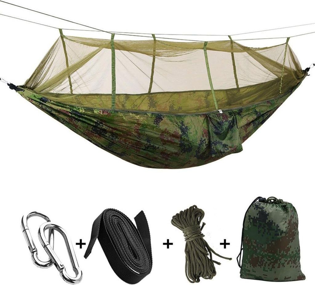 Camping-Hängematte mit Moskitonetz - Tragbares Fallschirmzelt für zwei Personen - 260 * 140 cm - Bis zu 200 kg - Camouflage-Farbe
