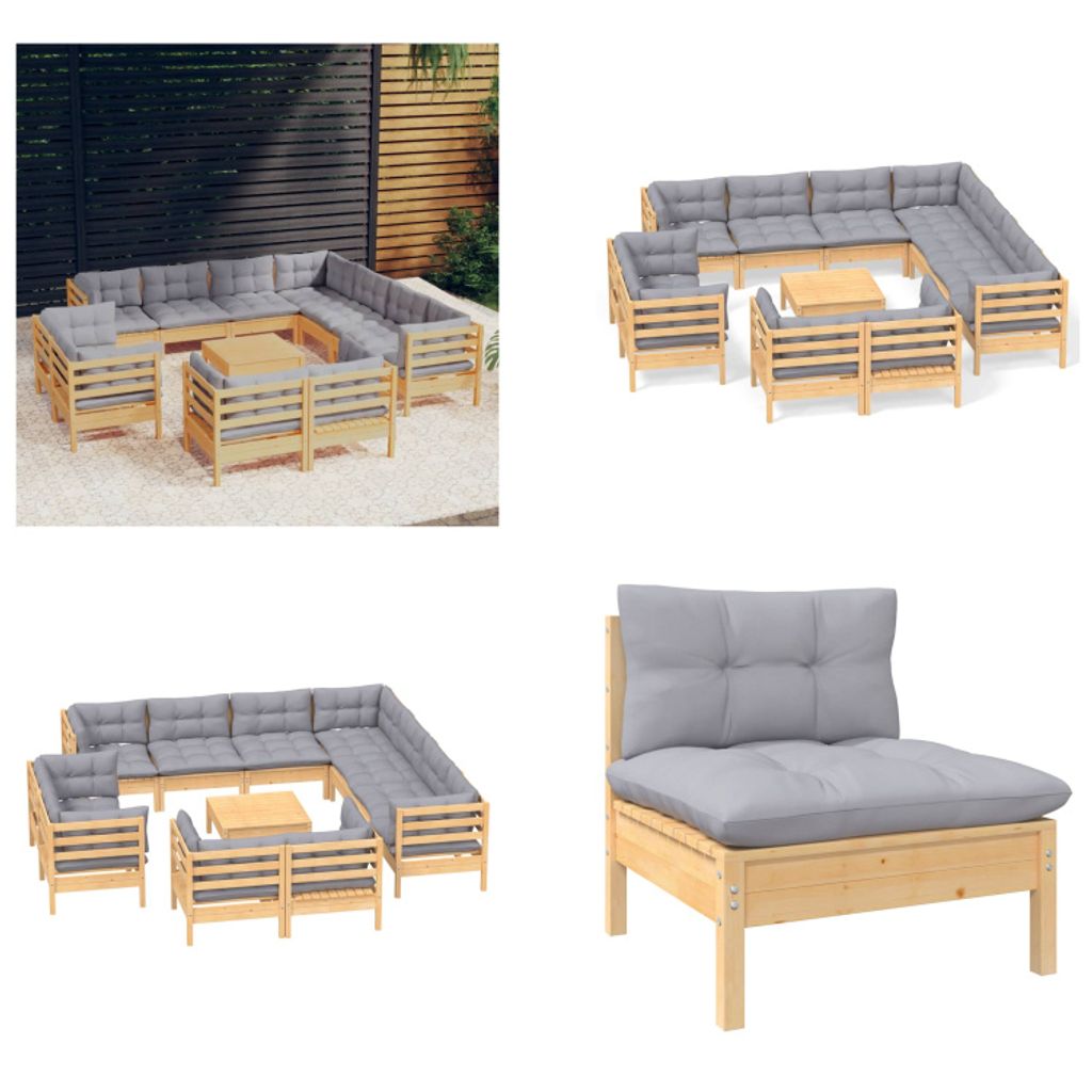 vidaXL 12 tlg. Garten Lounge Set mit Grauen Kissen Massivholz Kiefer - Garten-Lounge-Set - Garten-Lounge-Sets - Gartenmöbel-Set - Gartenmöbel-Sets