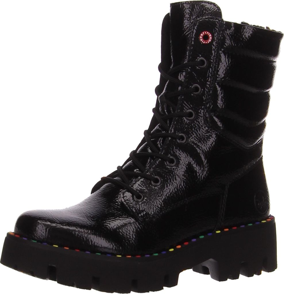 A studio shot of a black boot on a white background.