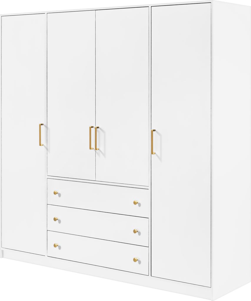 A white wardrobe with gold handles against a white background.