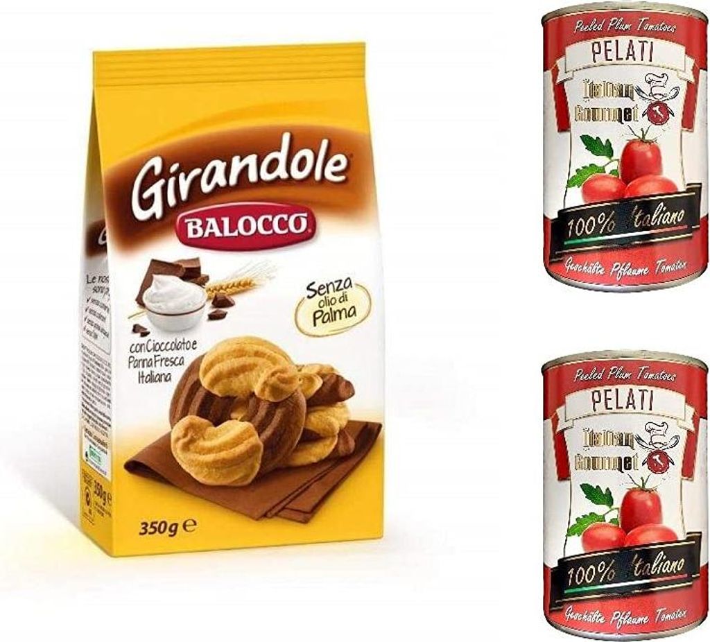 Balocco Girandole kekse mit Schokolade und Sahne 350g biscuits cookies + Italian Gourmet 100% italienische geschälte Tomaten dosen 2x 400g