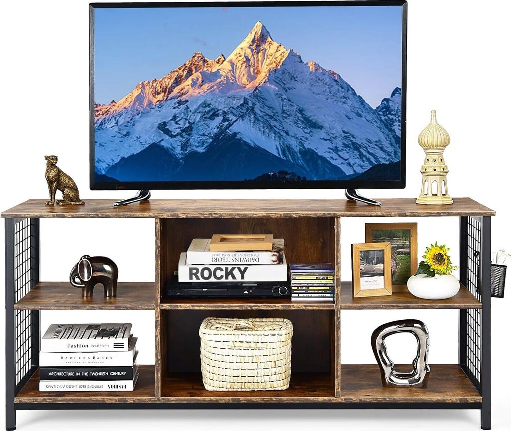 KOMFOTTEU Fernsehtisch TV Schrank mit offenen Fächern & Aufbewahrungskorb, Fernsehschrank für Fernseher bis zu 65 Zoll, 140x40x63 cm