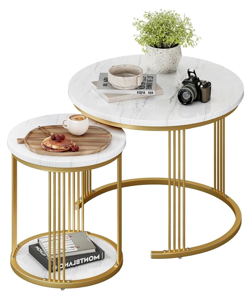 Couchtisch Set 2er Rund, Nesting Wohnzimmertisch mit Marmor-Tischplatte und Metallrahmen, Doppelschicht Stauraum, 40 cm + 60 cm, Weißer Beistellti...
