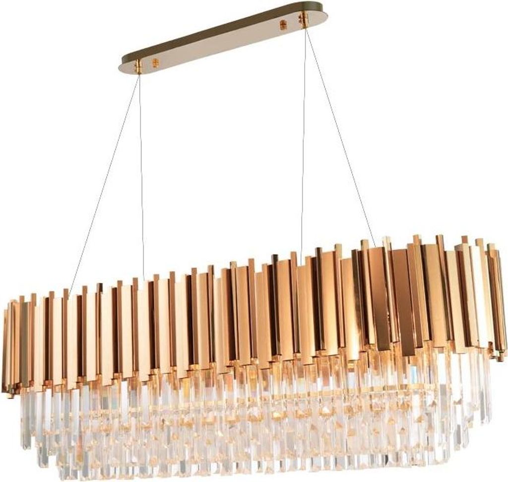 A rectangular chandelier with gold-colored metal accents and clear crystal elements, suspended by thin wires against a white background.