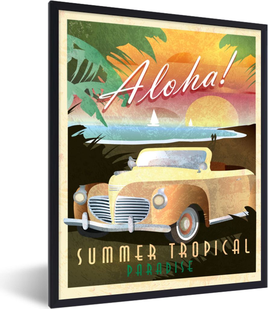 MuchoWow MuchoWow Gerahmtes Poster Vintage Illustration Auto am Strand 60x80 cm - Poster mit zchwarzem Bilderrahmen - Premium - Wanddeko Wohnzi...