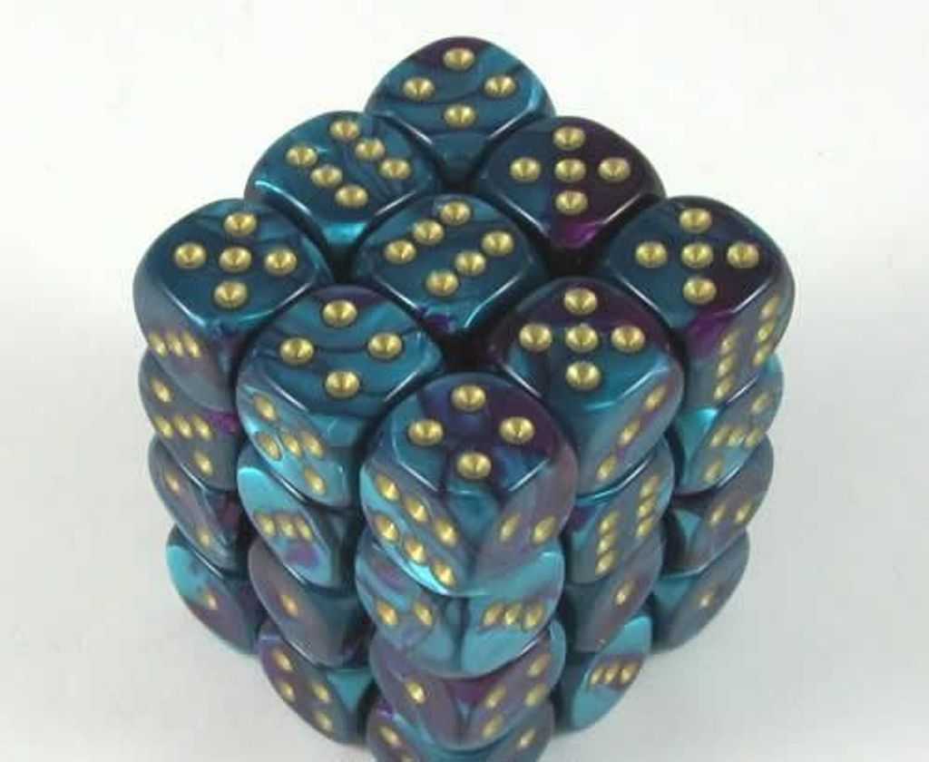 Chessex Gemini 12mm d6 Dice Blocks with pips Dice Blocks (36 Dice) - Purple-Teal w/gold