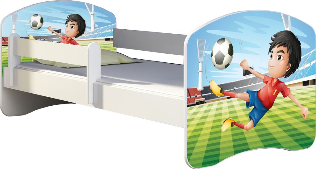 ACMA Jugendbett Kinderbett Junior-Bett Komplett-Set mit Matratze Lattenrost und Rausfallschutz Weiß 13 Fußballer 180x80