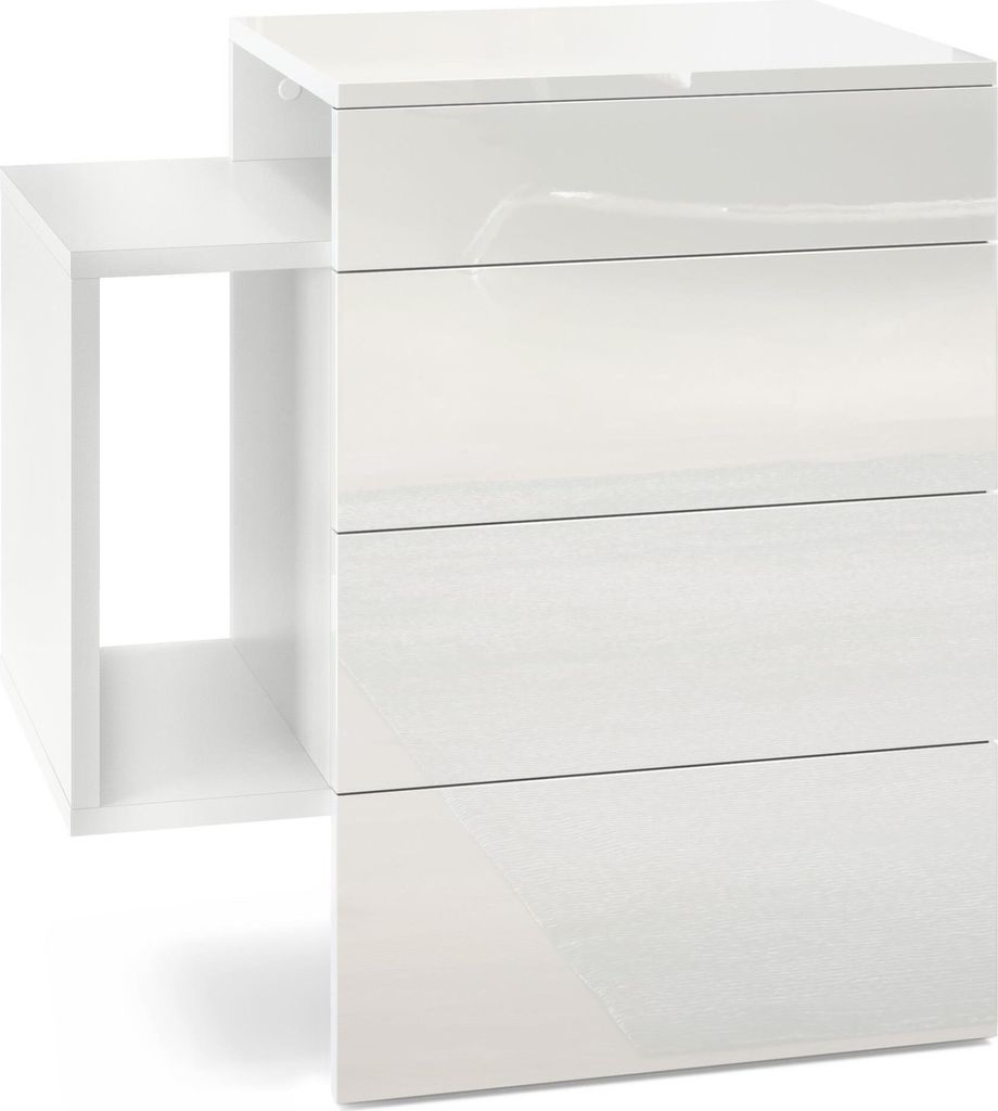 Vladon Nachttisch Queens, Germany, Nachttischschrank mit 2 Schubladen und 1 seitlichem Fach zur Wandmontage, Weiß matt/Weiß Hochglanz (60 x 63 x ...