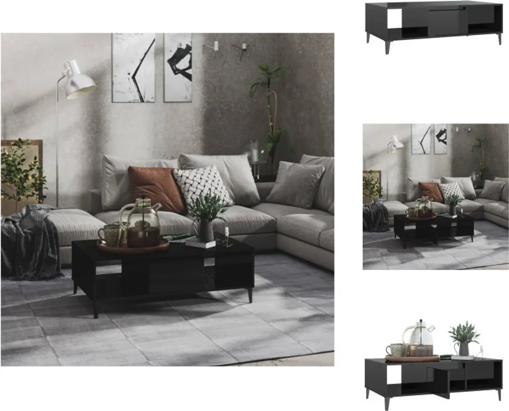 Table Basse Design Noir Brillant 103x60 cm, Plateau en Bois Composite