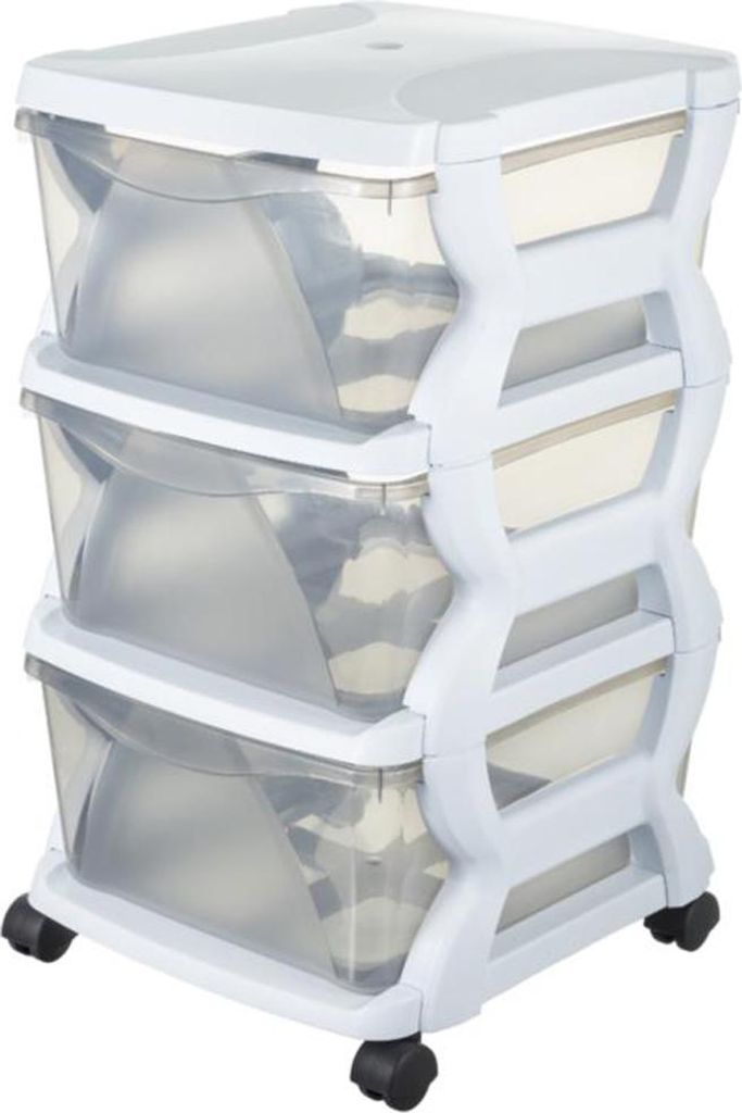 A white and transparent plastic drawer unit with wheels.