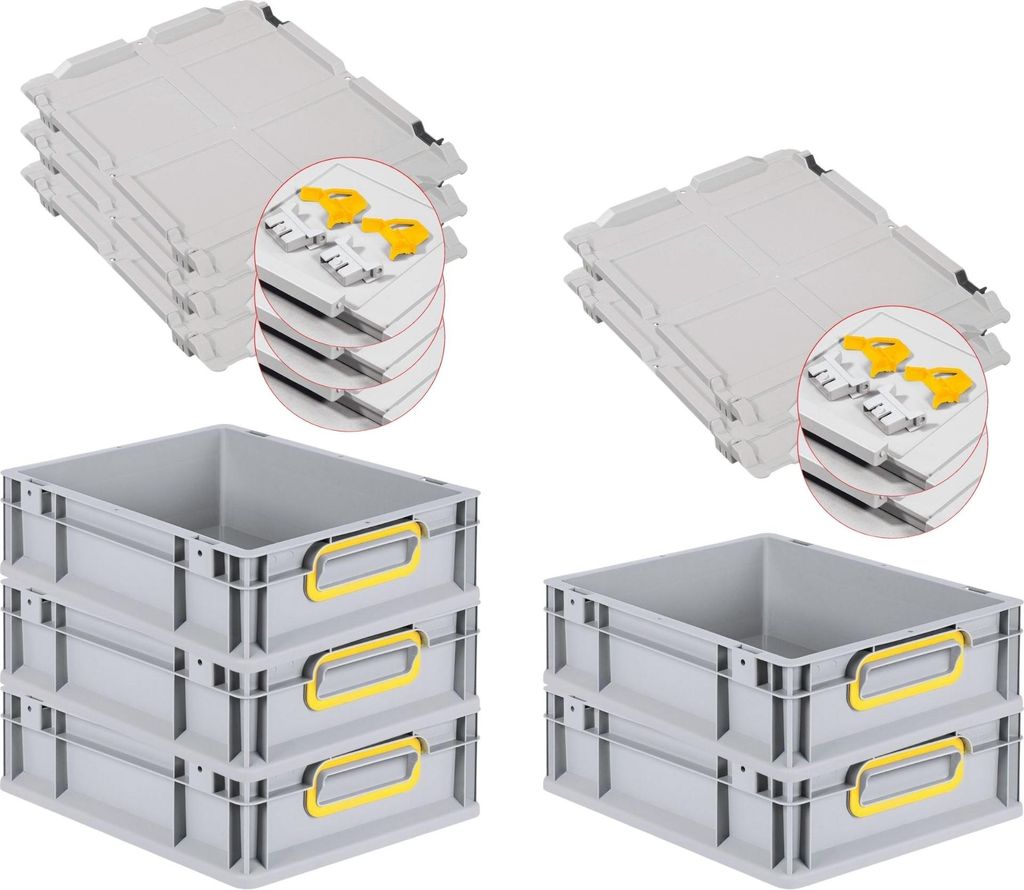 SuperSparSet 5x Eurobox NextGen Color mit Scharnierdeckel und Schiebeschnappverschlüssen | HxBxT 12x30x40cm | 11 Liter | Griffe gelb geschlossen |...