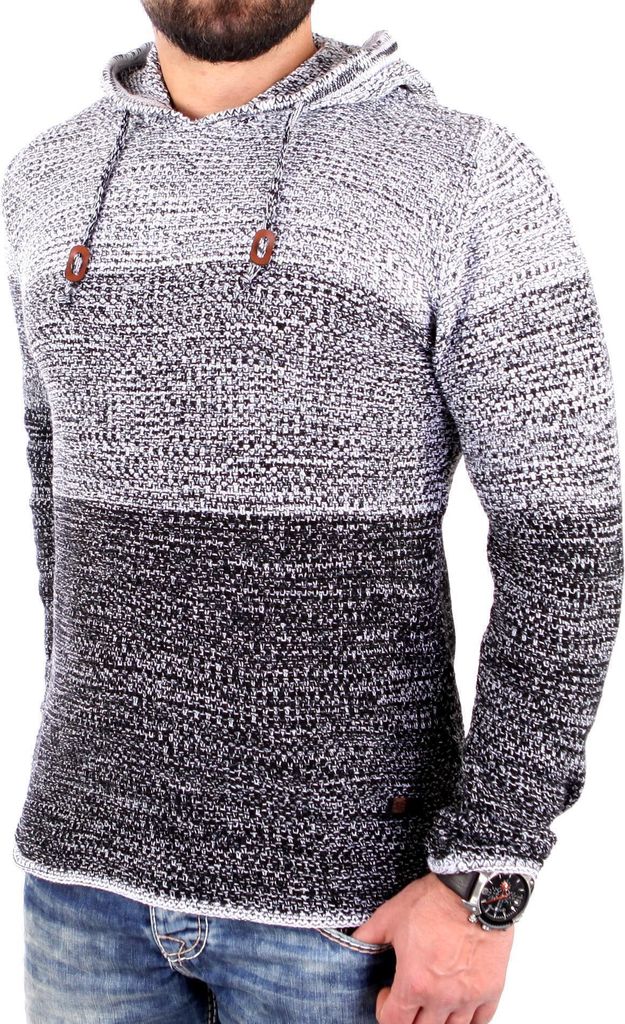 Reslad Strickpullover Herren Colorblock Kapuzen-Pullover Hoodie RS-3108 Schwarz 2XL