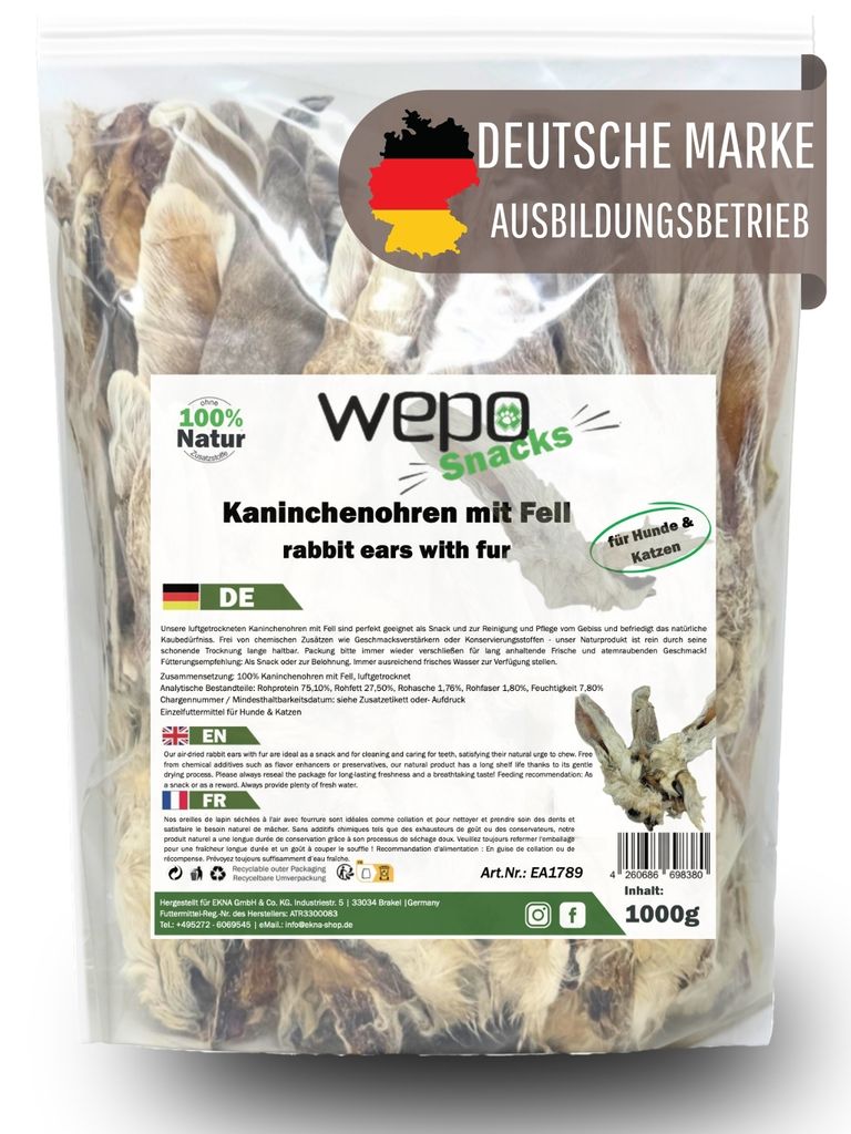 WEPO Kaninchenohren mit Fell für Hunde - 1kg getrocknete Kaninchen Ohren - Hasenohren für Hund & Katze - Hundeleckerli