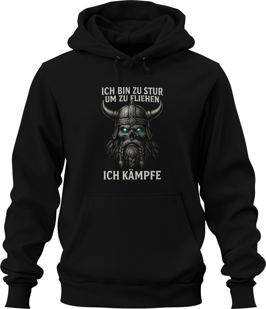 Zu stur zum Fliehen ich kämpfe Wikinger Totenkopf Helm nordisch Uni Hoodie Kapuzenpullover, Schwarz, XL