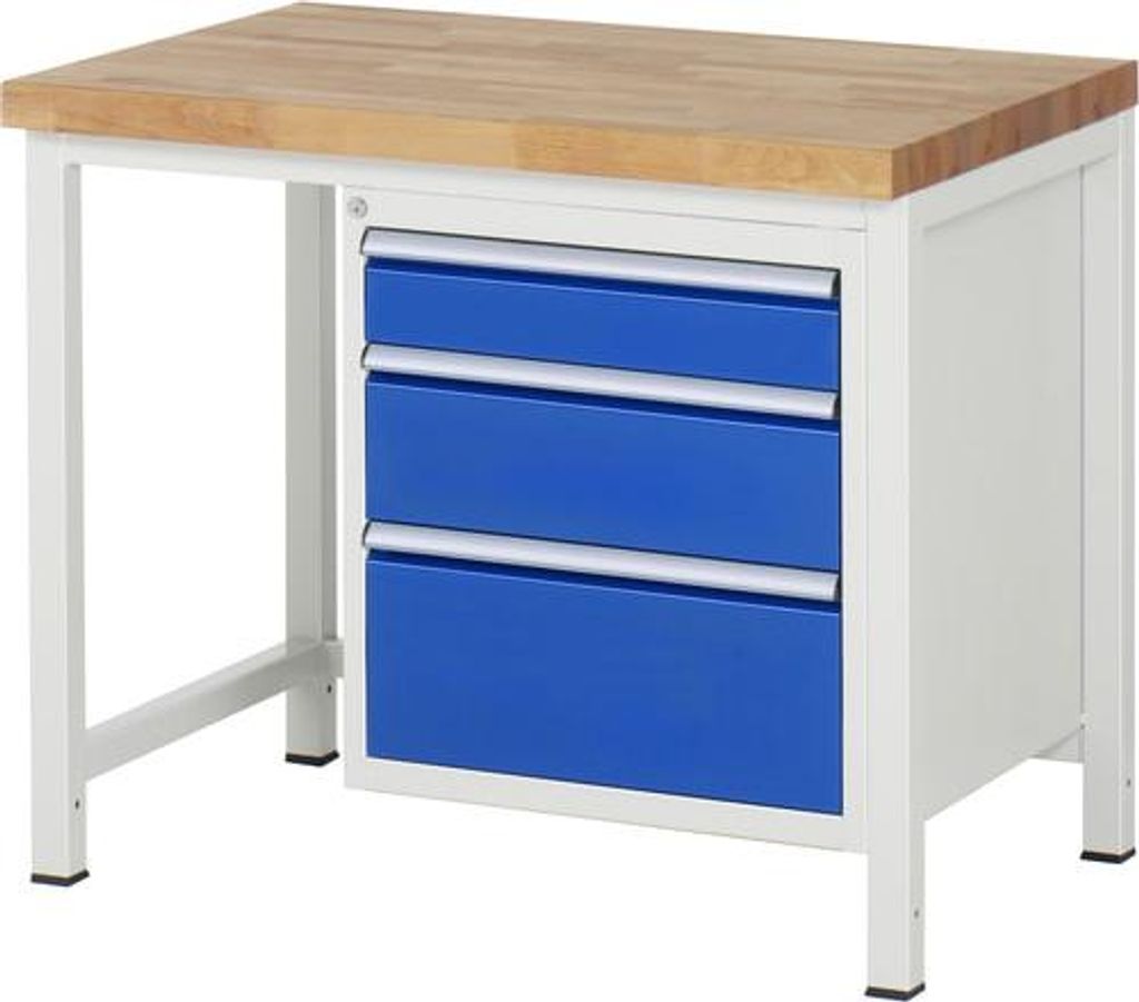 Werkbank mit 3 Schubladen - Vollauszug - 120:1 / 180:1 / 240:1 - höhenverstellbar 840-1.040 mm - 1.000 x 700 mm (BxT) - Traglast 1.250 kg - Buche