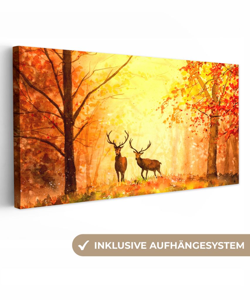 MuchoWow - Leinwandbilder - Natur - Ölfarbe - Hirsche - Tiere - Herbst - Orange, Wandbild, Wanddeko Bilder Wohnzimmer, 40x20 cm