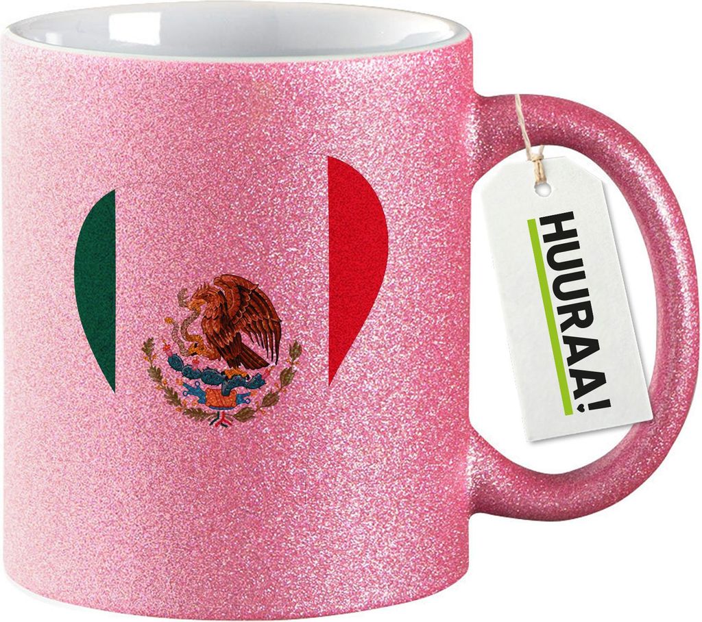 Huuraa Glitzertasse Mexiko Flagge Herz 330ml Pink Keramik Kaffeebecher Geschenkidee