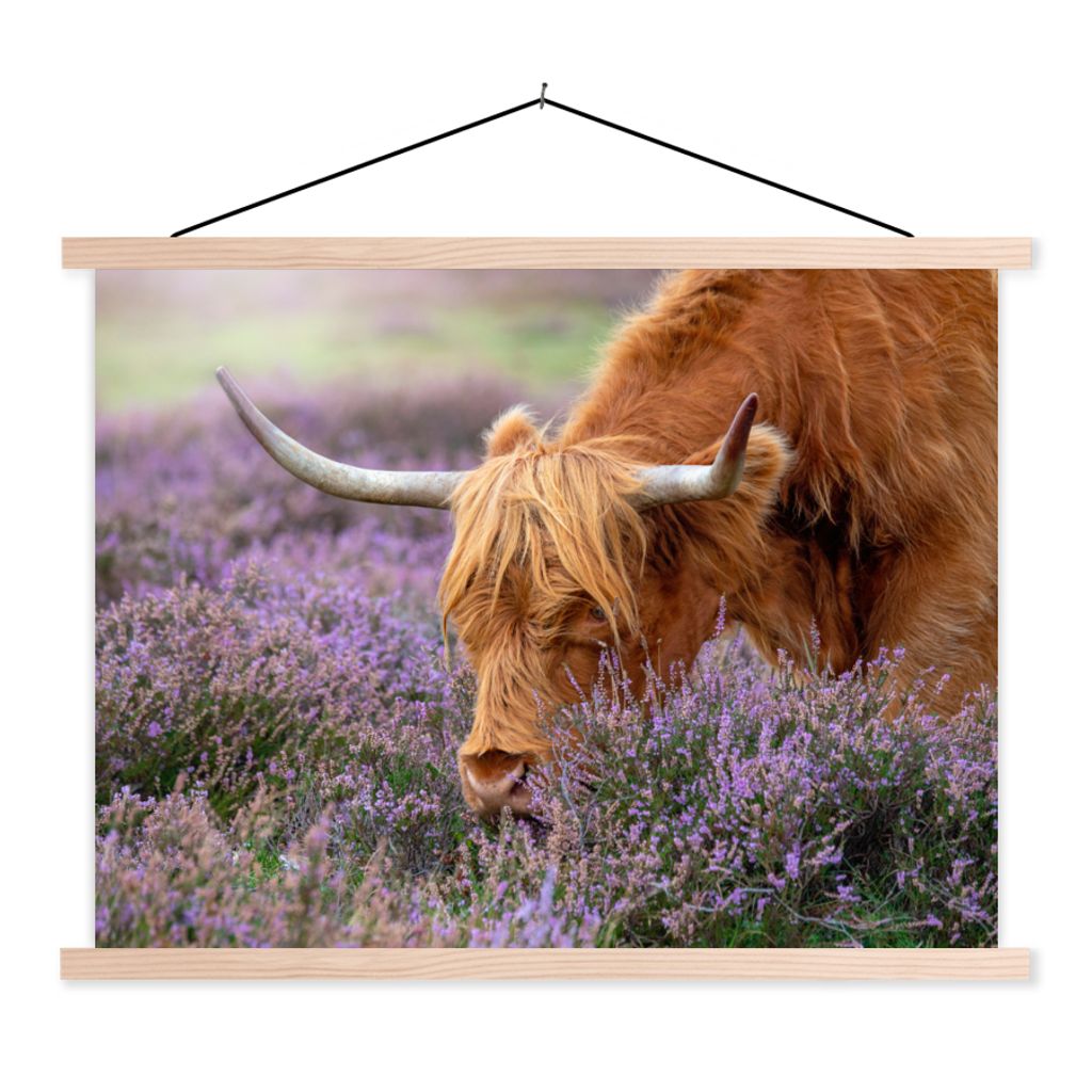 MuchoWow Textilposter Schottische Highlander - Tiere - Heide 120x90 cm mit holzfarbenen Rahmen - Magnetisch