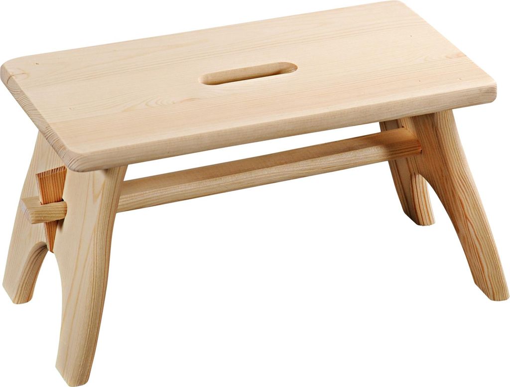 A light-colored wooden step stool with a handle cutout on the top surface, shown against a white background.