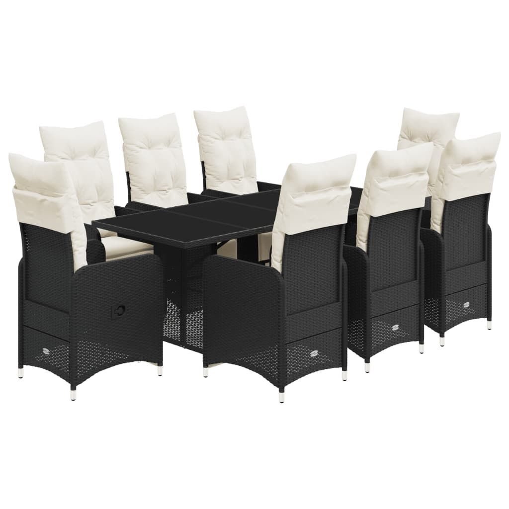 SYFAX 9-tlg. Garten-Bistro-Set mit Kissen Schwarz Poly Rattan