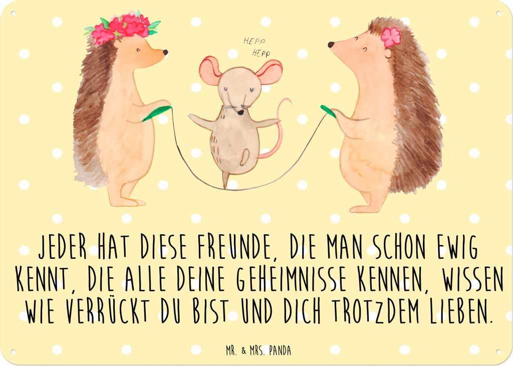 Mr. & Mrs. Panda Blechschild Igel Seilhüpfen DIN A6 - Gelb Pastell - Geschenk, Lustige Sprüche, tafel, Seilspringen, Türschild, Schild, Maus, Ki...
