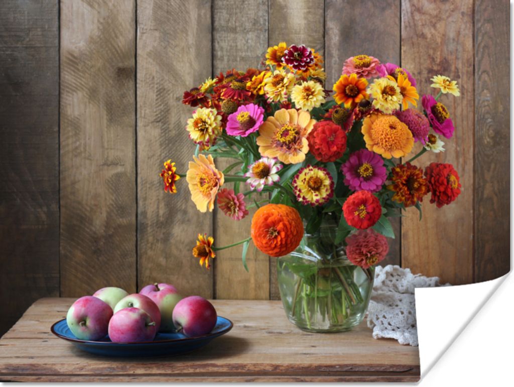 MuchoWow Poster Stilleben - Blumenstrauß - Apfel 40x30 cm - Plakate für die Wände - Poster Wohnzimmer