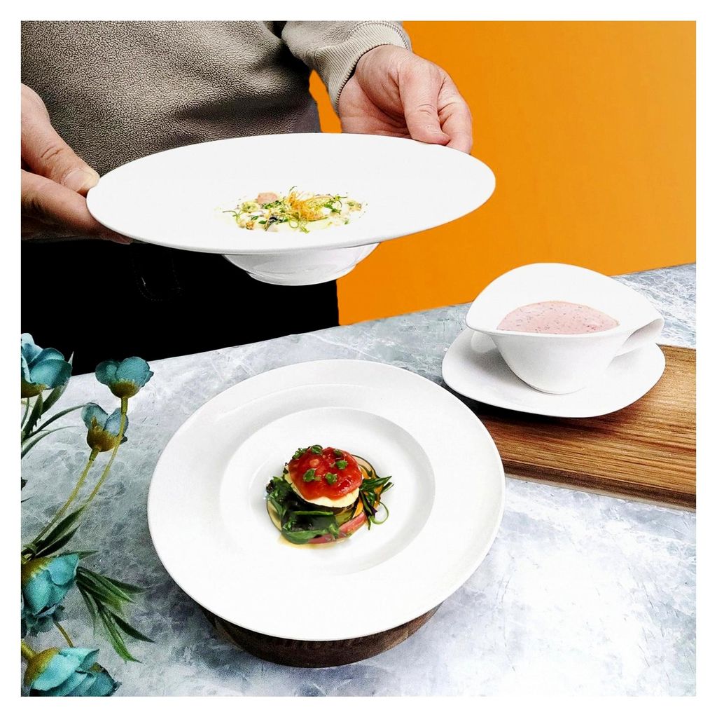 Suppenschüsseln, Suppenteller, Pastateller 150 ml, Set mit 4 Stück, 21,5 cm flache Schüsselteller aus Porzellan