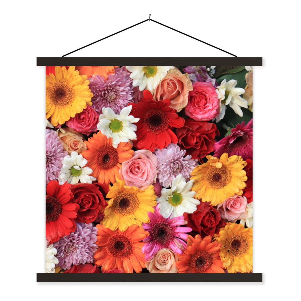MuchoWow Textilposter Blumen - Farben - Gerbera - Rosen 60x60 cm mit schwarzem Rahmen - Posteraufhänger