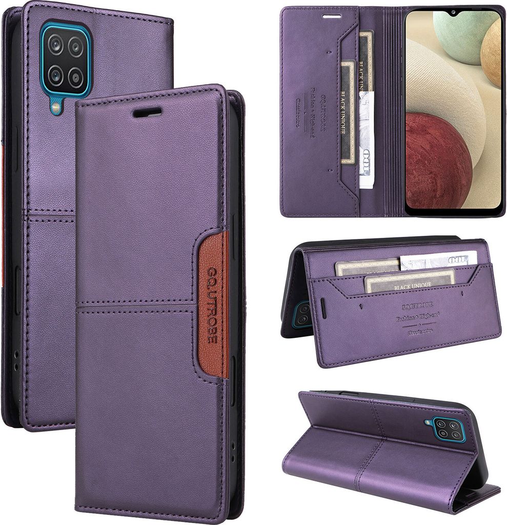 Handyhülle für Samsung Galaxy A12 Hülle, Leder Flip Wallet Kartenfach Stand Schutzhülle Lila