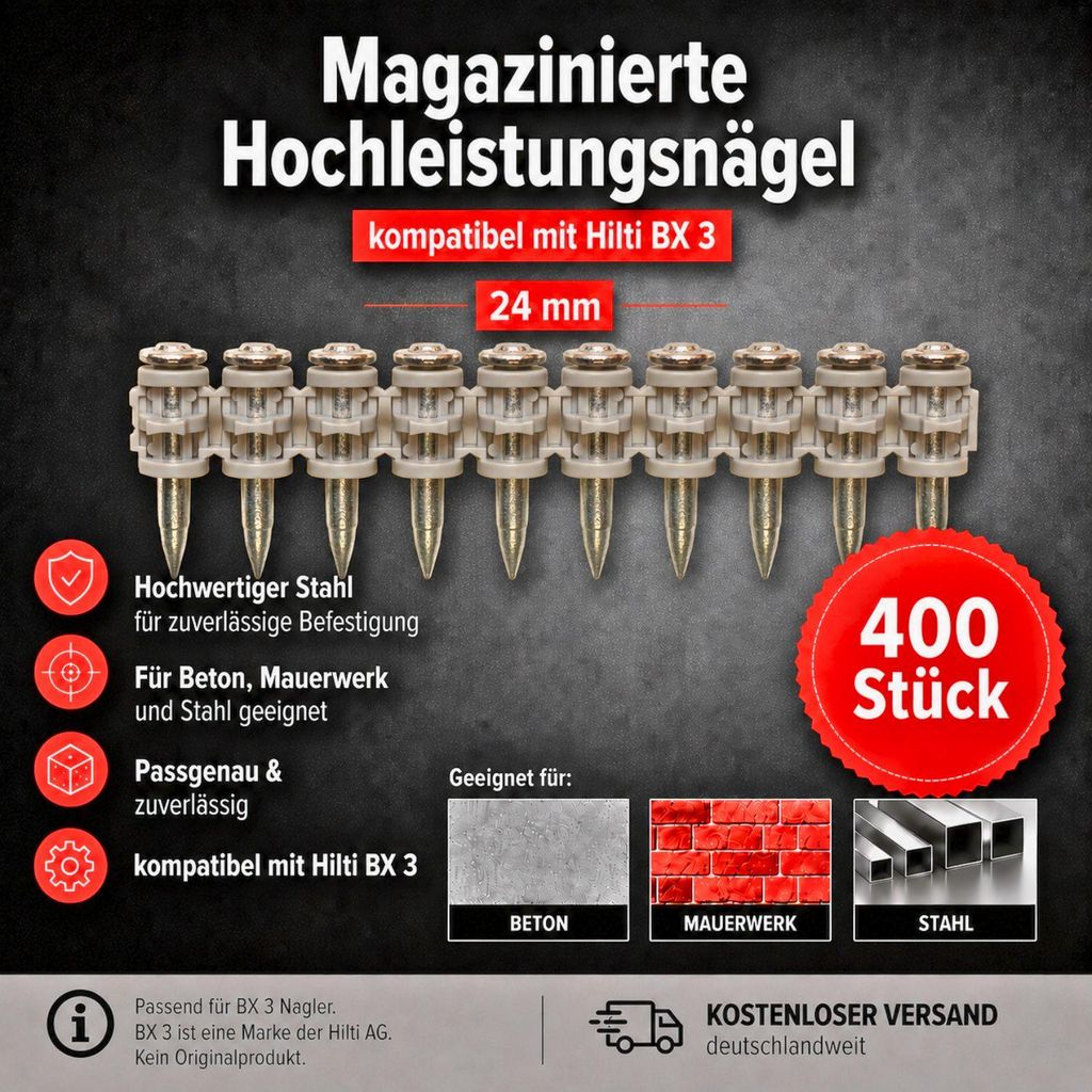 Stahl u. Beton Nägel 24 mm 400 Stück komp. mit Hilti BX 3 Produktbild 