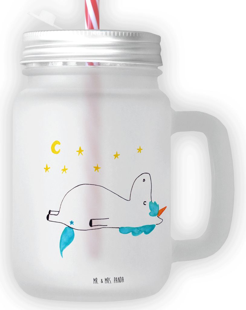 Mr. & Mrs. Panda Glas Einhorn Sternenhimmel - Transparent - Geschenk, mit deckel, Unicorn, Für Smoothies, Trinkglas Retro, Verrückt, Sterne, Maso...