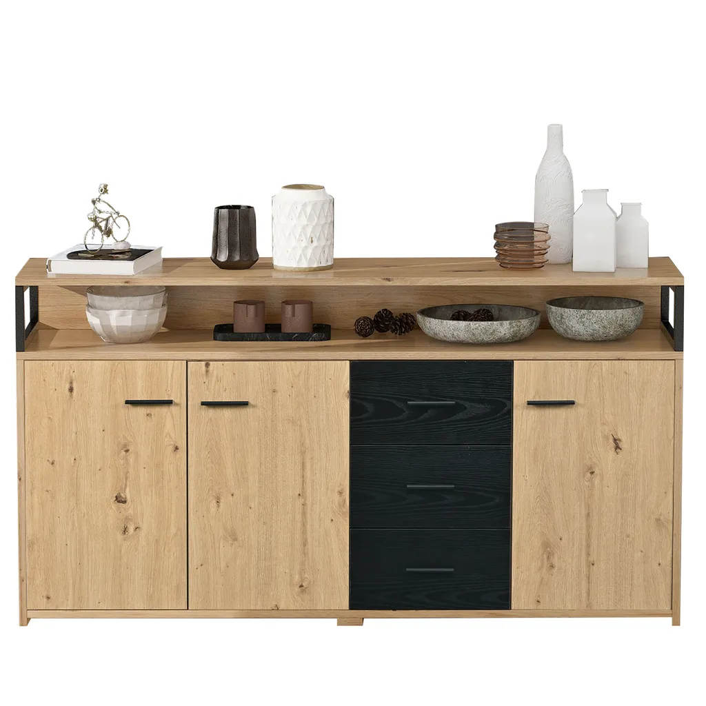 Commode 3 tiroirs avec étagères réglables en chêne massif de 150 cm - 8