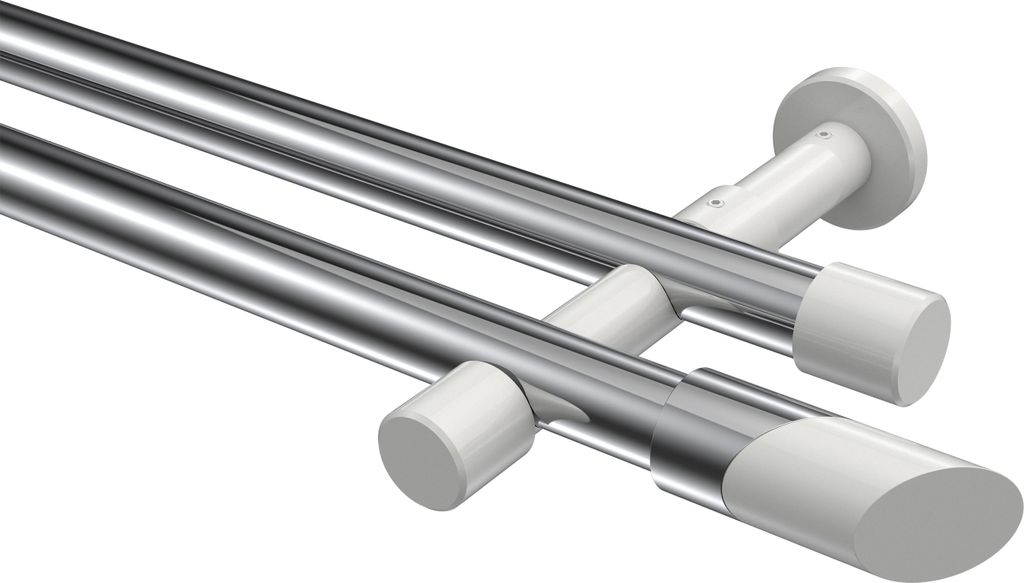 Interdeco Gardinenstange / Vorhangstange Chrom / Weiß, Typ Prestige Verano (Schräge Bicolor) ohne Ringe, 20 mm Ø 2-läufig, 100 cm