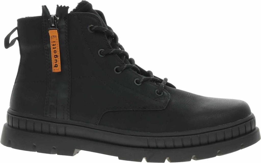 A black Bugatti boot is shown against a white background.