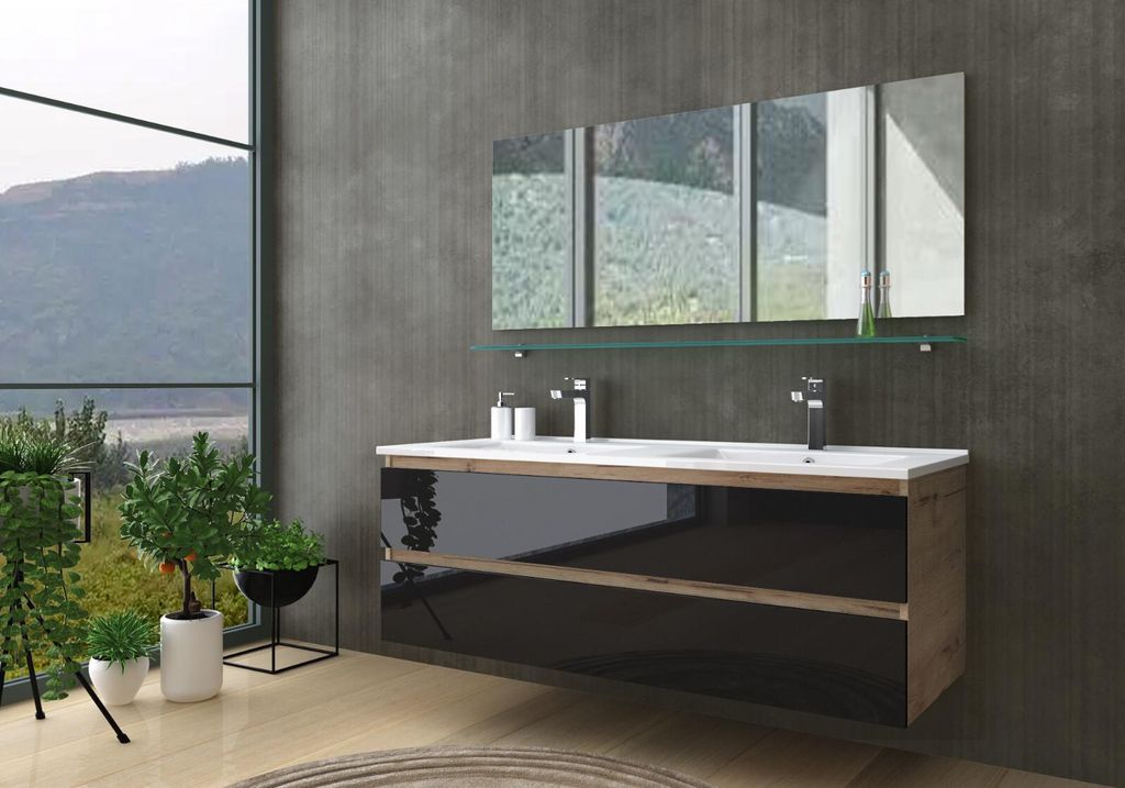 Doppelwaschtisch Schwarz / Eiche Hochglanz Doppel Waschbecken Badmöbel Set 120 ohne Hochschrank