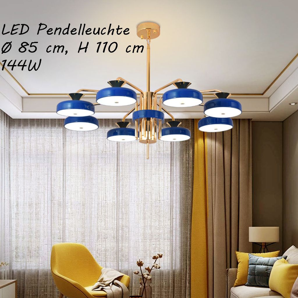 LED Deckenleuchte XW816-8L mit Fernbedienung Lichtfarbe/Helligkeit einstellbar Acryl-Schirm Blau/Gold lackierter Metallrahmen