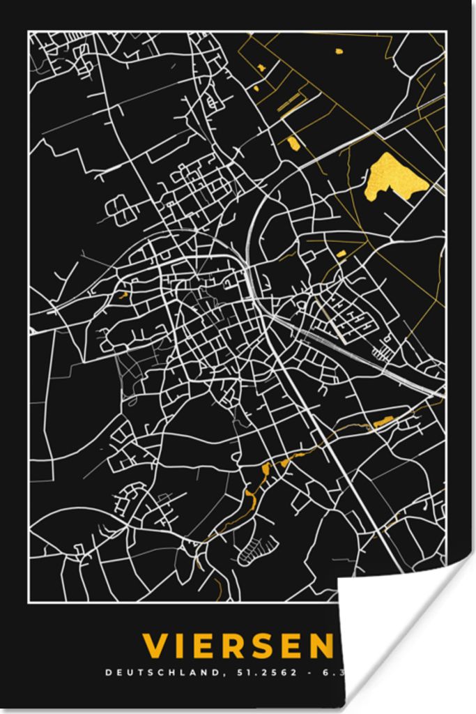 MuchoWow Poster Schwarz und Gold - Stadtplan - Viersen - Deutschland - Karte 20x30 cm - Papierdruck