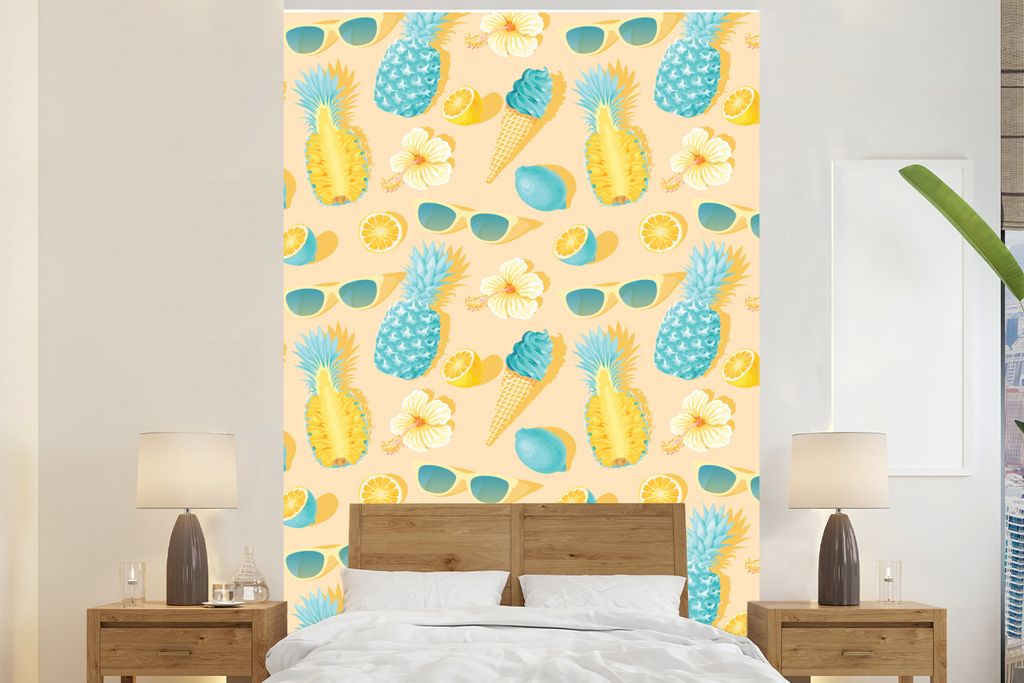 MuchoWow Fototapete für Wohnzimmer oder Schlafzimmer Wandtapete Vinyl Motivtapete Sommer - Muster - Ananas - Sonnenbrille - 195x300 cm - Das Hin...