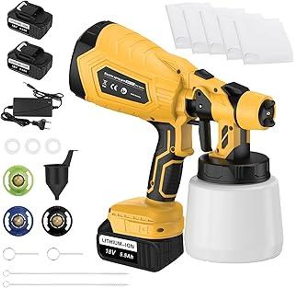 Akku Farbsprühsystem mit 2X 5500mAh Batterie, ASUNCELL Elektro Lackierpistole 1000ml Großer Behälter Farbsprühgerät Streichen von Wänden, Dec...