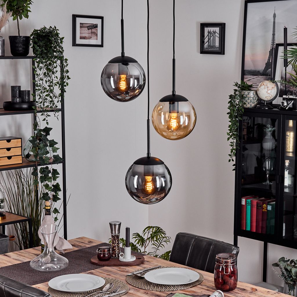 Fossobiubo moderne Hängelampe aus Metall/Glas in Schwarz/Bernstein/Rauchfarben