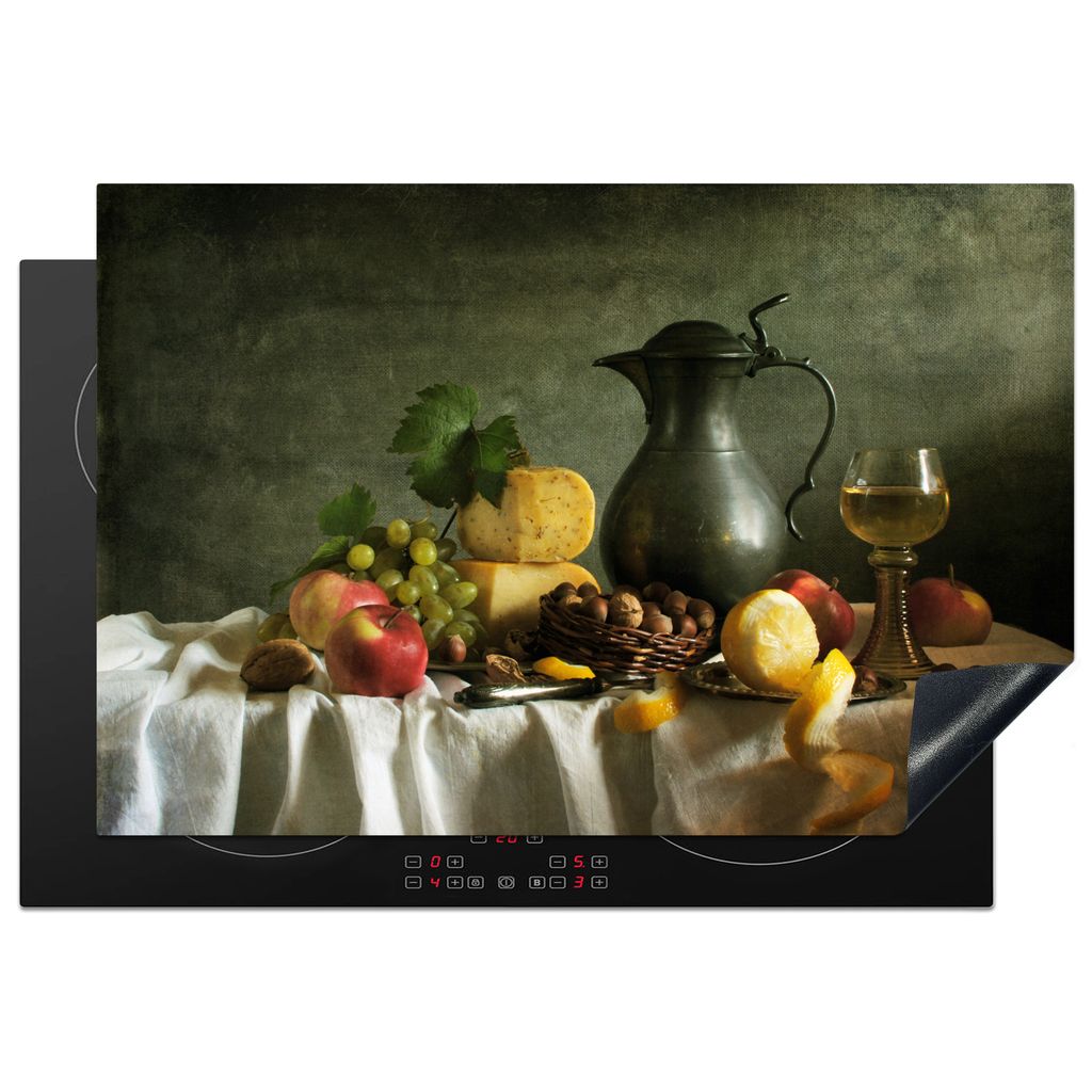 KitchenYeah Herdabdeckplatte Rustikal - Käse - Teekanne - Obst - Stilleben , 76x51cm, Küche Deko, Glaskeramikkochfeld Herdabdeckung, Abdeckplat...