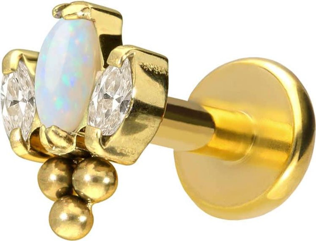 Ohrpiercing, Nasenpiercing Titan Labret mit Push Fit LOTUSBLÜTE + 3 KUGELN Gold Stablänge: 7mm | Stabstärke: 1,2mm