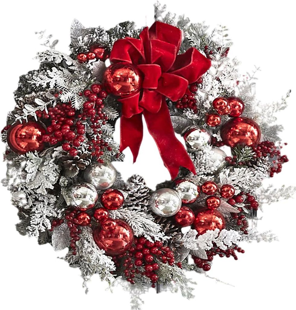 Weihnachtskranz, 40cm Rot Flock, Türdekoration, für Weihnachten, Haustür, Fenster, Innen & Außen