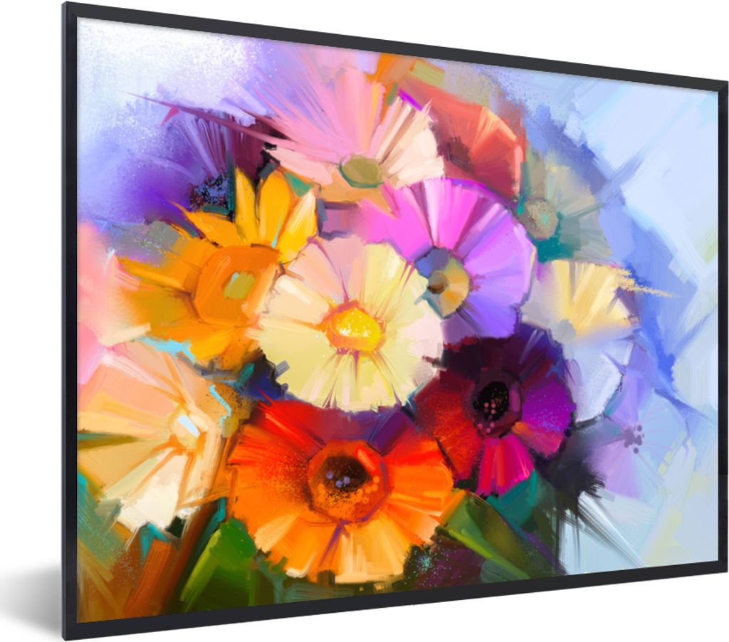 MuchoWow Gerahmtes Poster Ölfarbe - Farben - Blumen 80x60 cm - Poster mit Schwarzem Bilderrahmen Wandposter Rahmen Foto Bilder - Schwarzem - Mit...