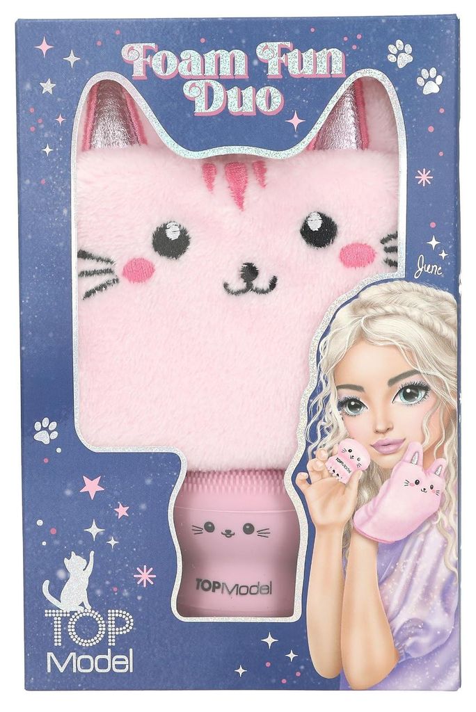 Depesche 13829 TOPModel - Waschhandschuh und Gesichtsschwamm Set Beauty and Me, in Rosa, mit Katzen Design, Schwamm zum Befüllen mit Lotion