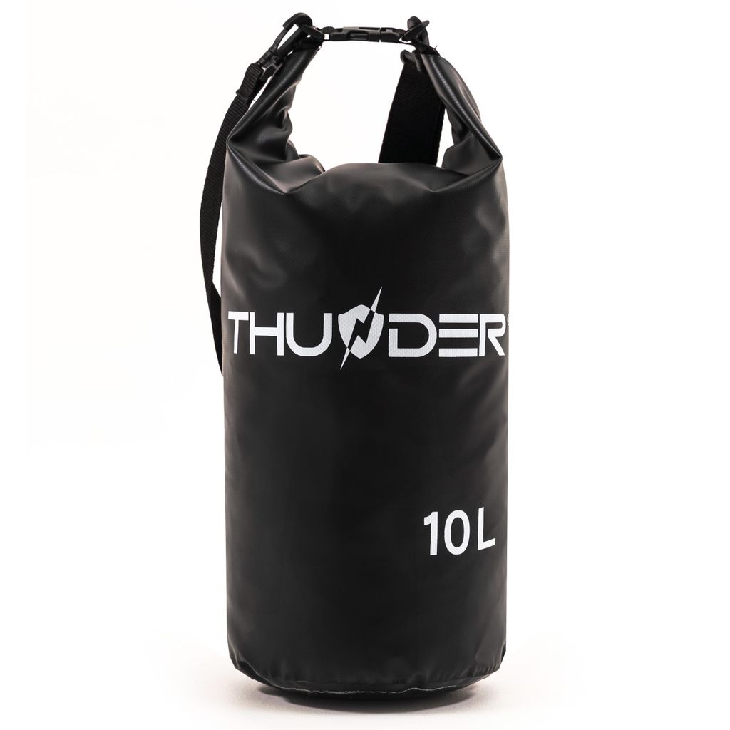THUNDER Dry Bag 10L Schwarz – Wasserdichter Packsack aus PVC mit Rolltop & Tragegurt für Kajak, Outdoor